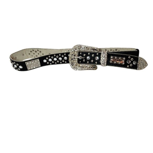 Vintage BHW Women's Black Leather Western Belt Silver Bling Accents Sz Medium - Picture 2 of 13